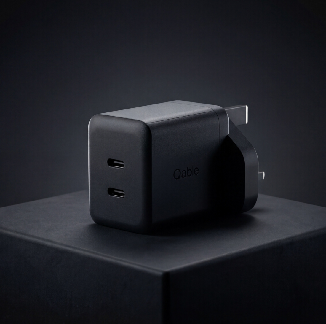 Qable 45W Dual USB-C GaN Fast Charger, PD 3.0 &amp; PPS, Compact Wall Adapter, Smart Power Distribution, Fireproof Design for Smartphones, Tablets &amp; Laptops